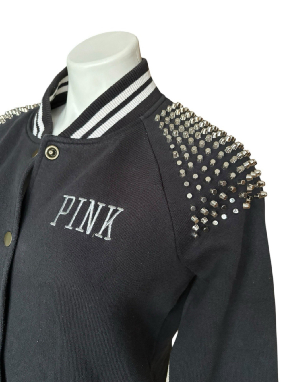 PINK Victoria Secret Black Studded Varsity Bomber Jacket Small Coat - Picture 2 of 11